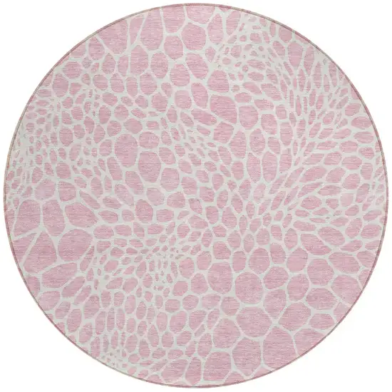 8' Pink And Ivory Round Geometric Washable Indoor Outdoor Area Rug Photo 6
