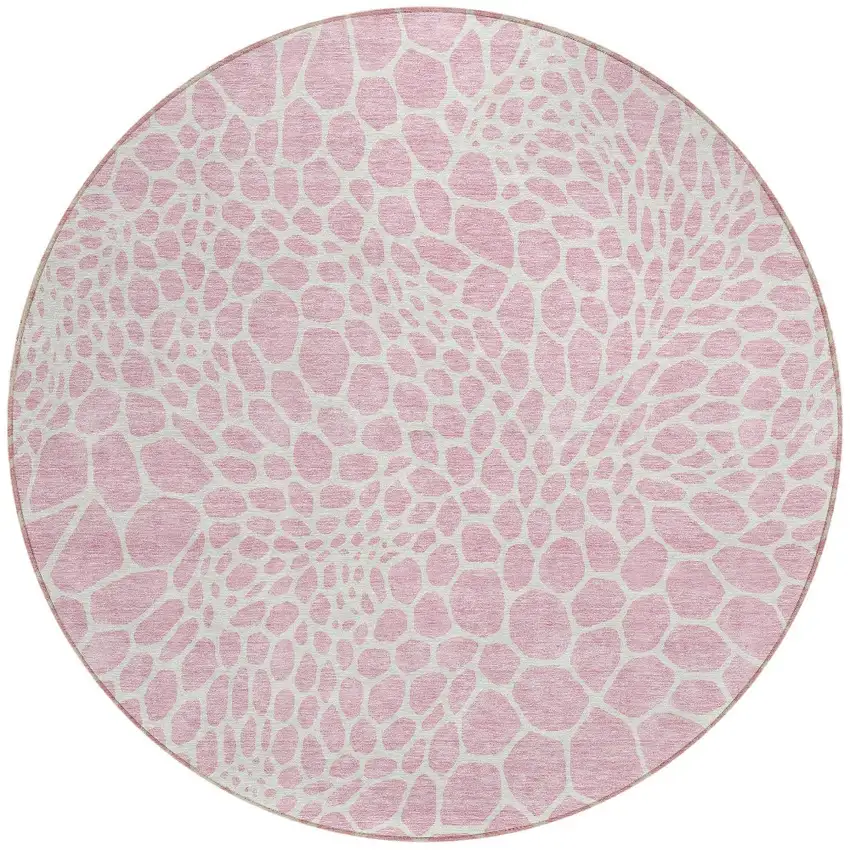 8' Pink And Ivory Round Geometric Washable Indoor Outdoor Area Rug Photo 6