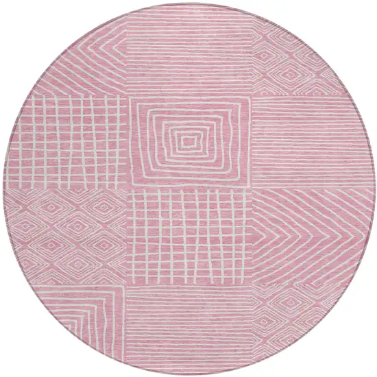 8' Pink And Ivory Round Geometric Washable Indoor Outdoor Area Rug Photo 2