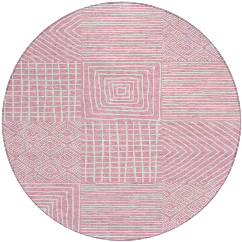 8' Pink And Ivory Round Geometric Washable Indoor Outdoor Area Rug Photo 2