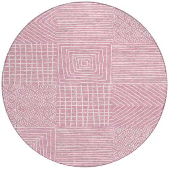 8' Pink And Ivory Round Geometric Washable Indoor Outdoor Area Rug Photo 7