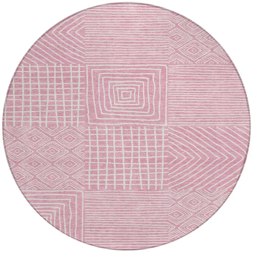 8' Pink And Ivory Round Geometric Washable Indoor Outdoor Area Rug Photo 7