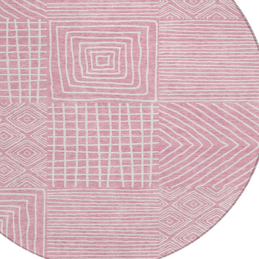 8' Pink And Ivory Round Geometric Washable Indoor Outdoor Area Rug Photo 6