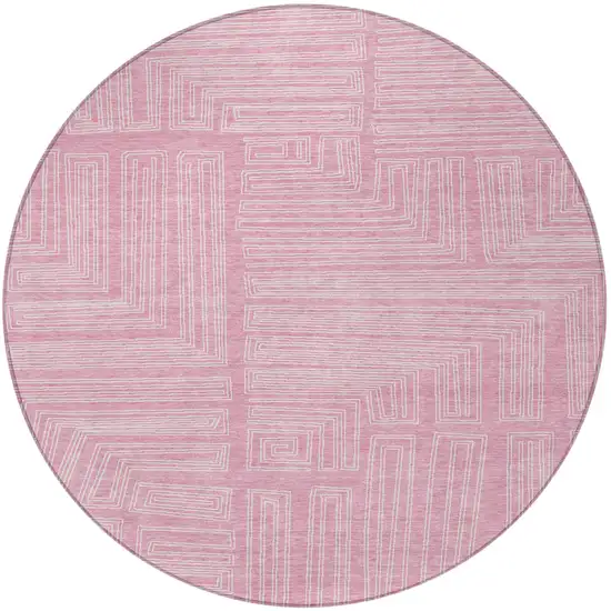 8' Pink And Ivory Round Geometric Washable Indoor Outdoor Area Rug Photo 5