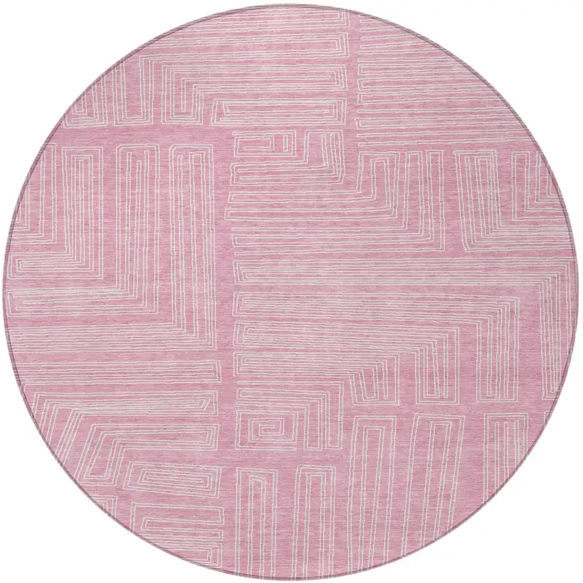 8' Pink And Ivory Round Geometric Washable Indoor Outdoor Area Rug Photo 5