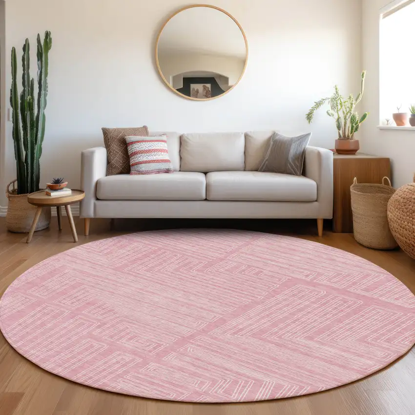 8' Pink And Ivory Round Geometric Washable Indoor Outdoor Area Rug Photo 7