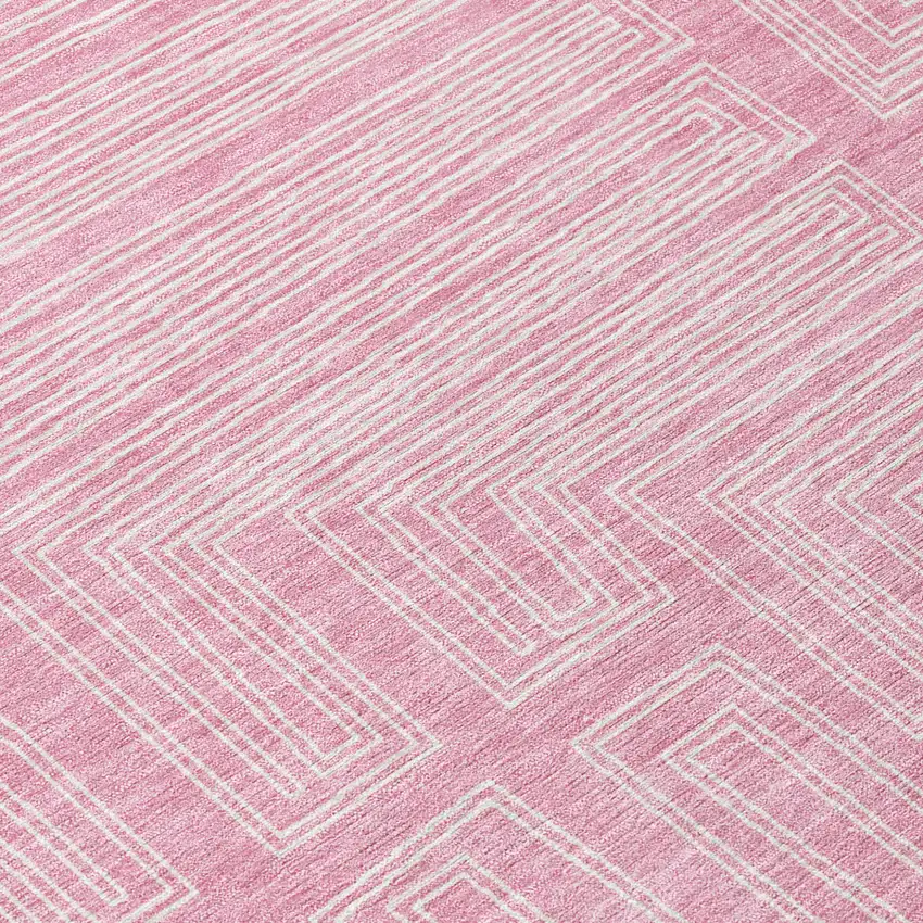 8' Pink And Ivory Round Geometric Washable Indoor Outdoor Area Rug Photo 9