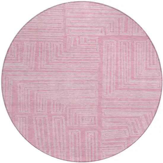 8' Pink And Ivory Round Geometric Washable Indoor Outdoor Area Rug Photo 2