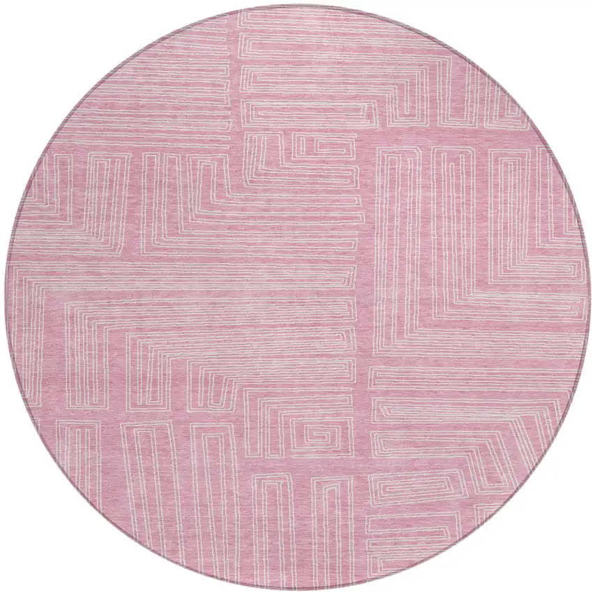 8' Pink And Ivory Round Geometric Washable Indoor Outdoor Area Rug Photo 2