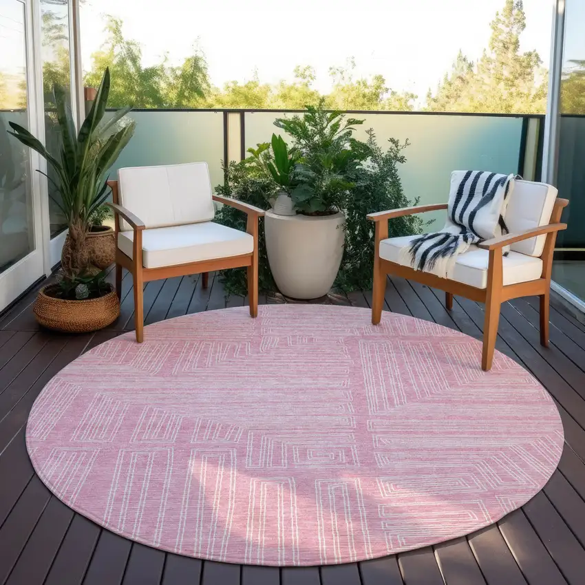 8' Pink And Ivory Round Geometric Washable Indoor Outdoor Area Rug Photo 6