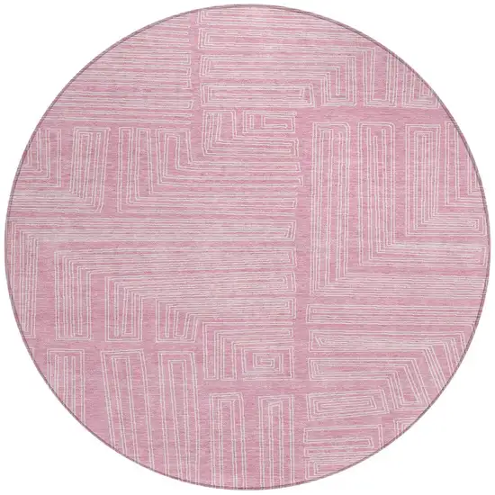 8' Pink And Ivory Round Geometric Washable Indoor Outdoor Area Rug Photo 4