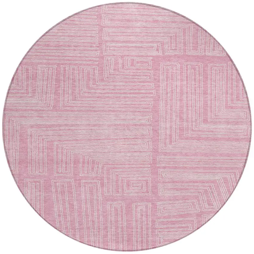 8' Pink And Ivory Round Geometric Washable Indoor Outdoor Area Rug Photo 4