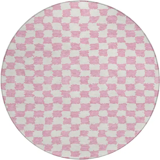 8' Pink And Ivory Round Geometric Washable Indoor Outdoor Area Rug Photo 1