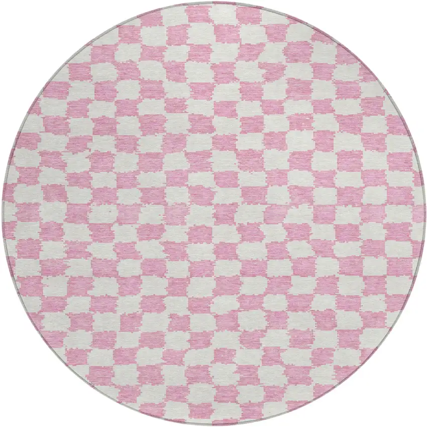 8' Pink And Ivory Round Geometric Washable Indoor Outdoor Area Rug Photo 1