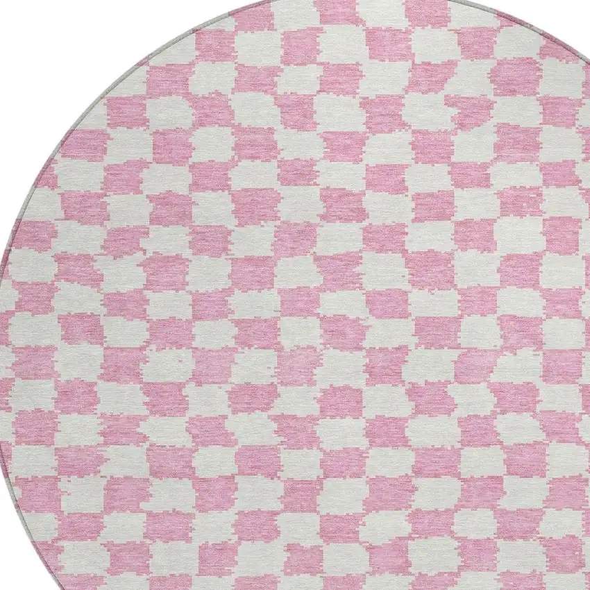 8' Pink And Ivory Round Geometric Washable Indoor Outdoor Area Rug Photo 8