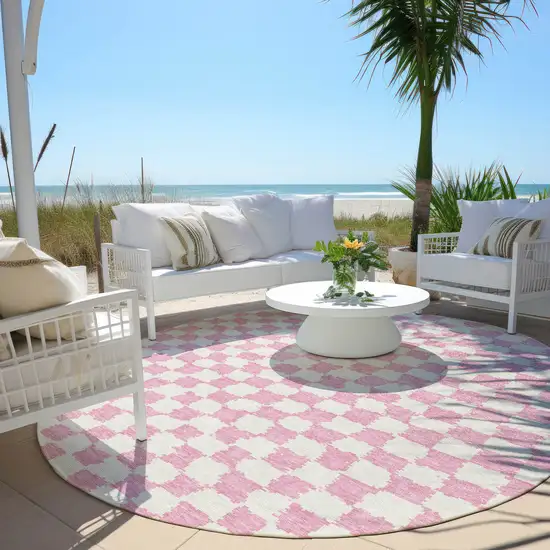 8' Pink And Ivory Round Geometric Washable Indoor Outdoor Area Rug Photo 5