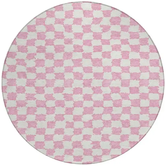 8' Pink And Ivory Round Geometric Washable Indoor Outdoor Area Rug Photo 3