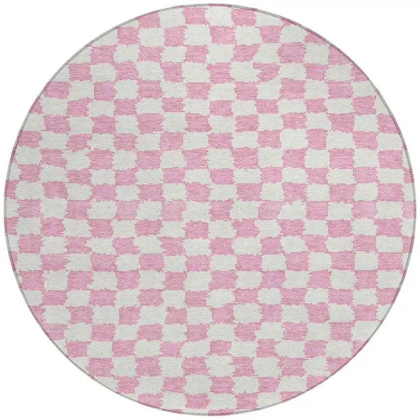 8' Pink And Ivory Round Geometric Washable Indoor Outdoor Area Rug Photo 3