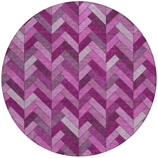 8' Pink And Ivory Round Geometric Washable Indoor Outdoor Area Rug Photo 4
