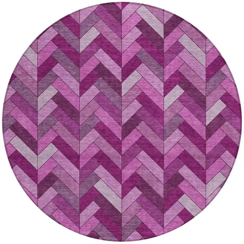 8' Pink And Ivory Round Geometric Washable Indoor Outdoor Area Rug Photo 4