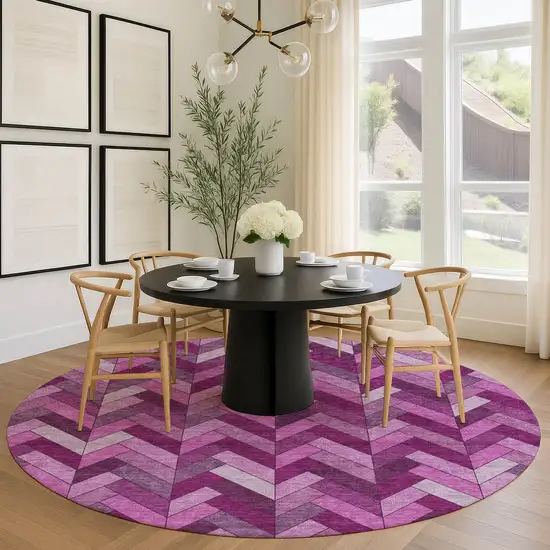 8' Pink And Ivory Round Geometric Washable Indoor Outdoor Area Rug Photo 9