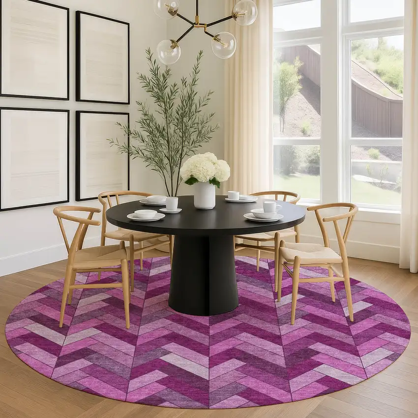 8' Pink And Ivory Round Geometric Washable Indoor Outdoor Area Rug Photo 9