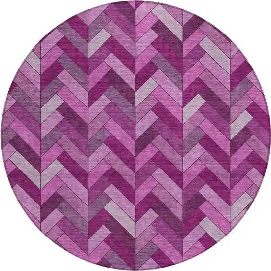 8' Pink And Ivory Round Geometric Washable Indoor Outdoor Area Rug Photo 2