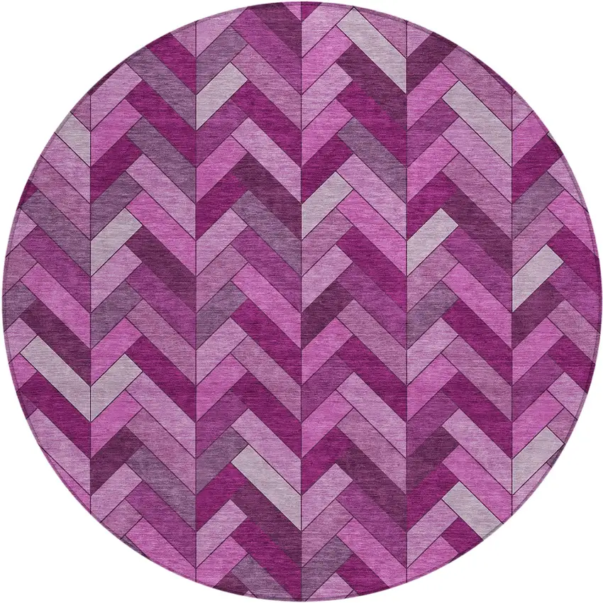 8' Pink And Ivory Round Geometric Washable Indoor Outdoor Area Rug Photo 2