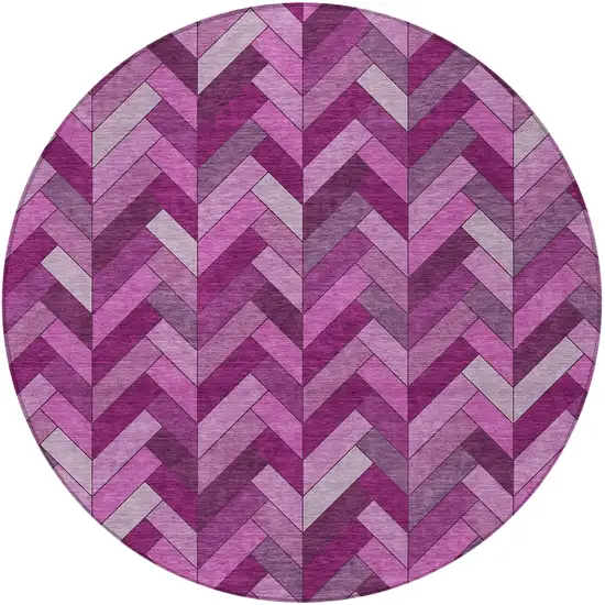 8' Pink And Ivory Round Geometric Washable Indoor Outdoor Area Rug Photo 5