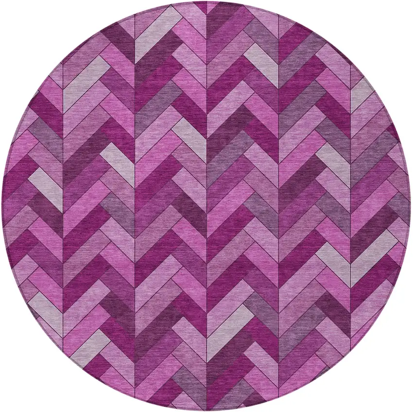 8' Pink And Ivory Round Geometric Washable Indoor Outdoor Area Rug Photo 5