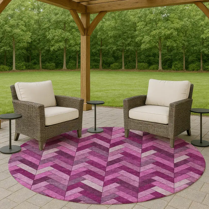 8' Pink And Ivory Round Geometric Washable Indoor Outdoor Area Rug Photo 8