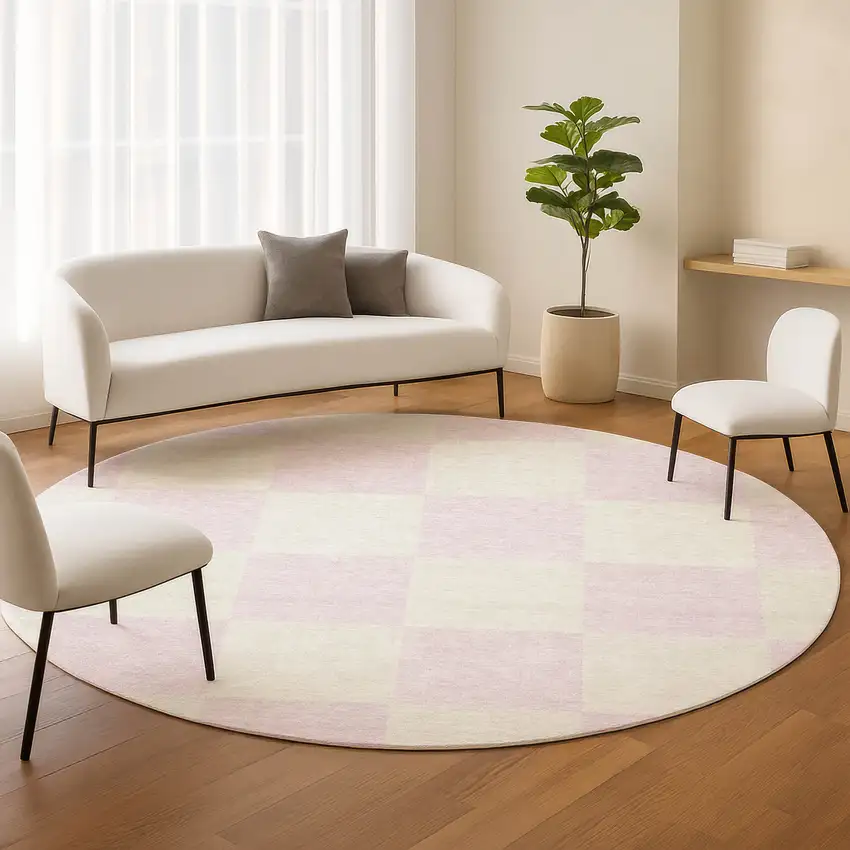 8' Pink And Ivory Round Geometric Washable Indoor Outdoor Area Rug Photo 9