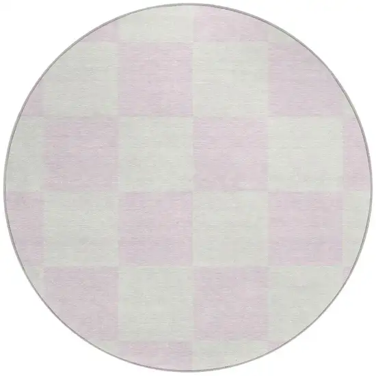 8' Pink And Ivory Round Geometric Washable Indoor Outdoor Area Rug Photo 4