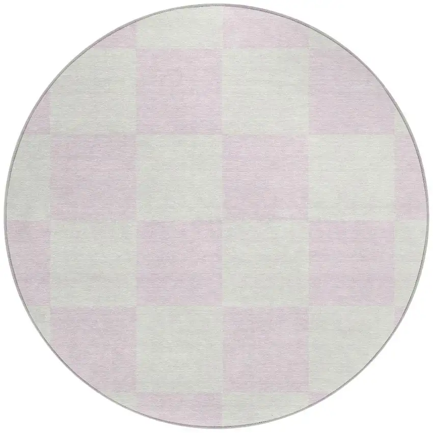 8' Pink And Ivory Round Geometric Washable Indoor Outdoor Area Rug Photo 4