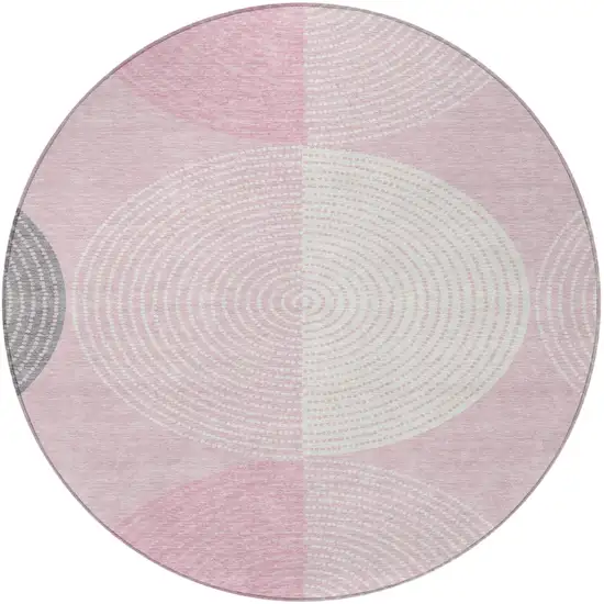 8' Pink And Ivory Round Geometric Washable Indoor Outdoor Area Rug Photo 5