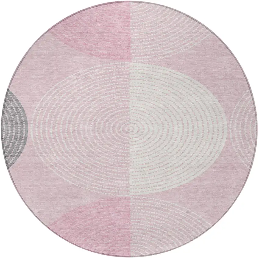 8' Pink And Ivory Round Geometric Washable Indoor Outdoor Area Rug Photo 5