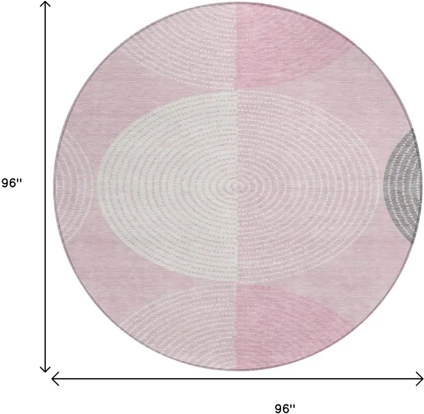 8' Pink And Ivory Round Geometric Washable Indoor Outdoor Area Rug Photo 3