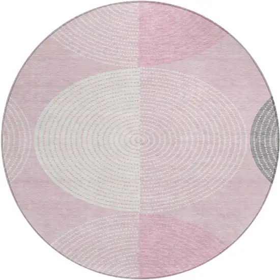 8' Pink And Ivory Round Geometric Washable Indoor Outdoor Area Rug Photo 2
