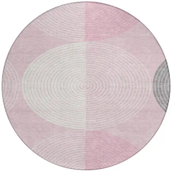8' Pink And Ivory Round Geometric Washable Indoor Outdoor Area Rug Photo 4