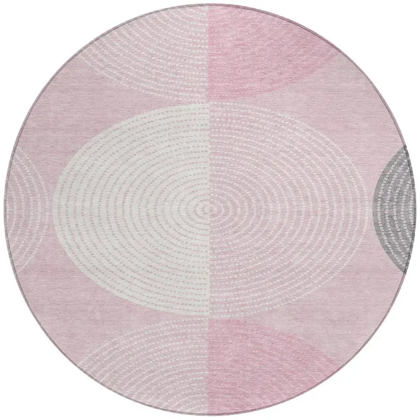 8' Pink And Ivory Round Geometric Washable Indoor Outdoor Area Rug Photo 4