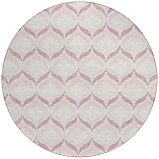8' Pink And Ivory Round Geometric Washable Indoor Outdoor Area Rug Photo 3
