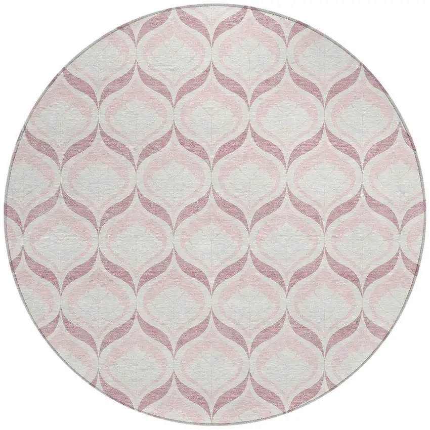 8' Pink And Ivory Round Geometric Washable Indoor Outdoor Area Rug Photo 3