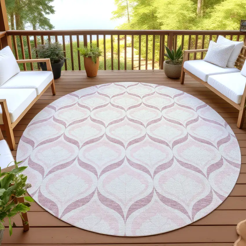 8' Pink And Ivory Round Geometric Washable Indoor Outdoor Area Rug Photo 4
