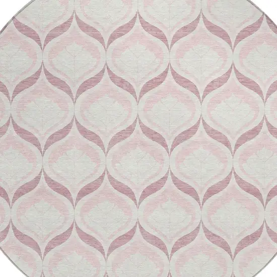 8' Pink And Ivory Round Geometric Washable Indoor Outdoor Area Rug Photo 2