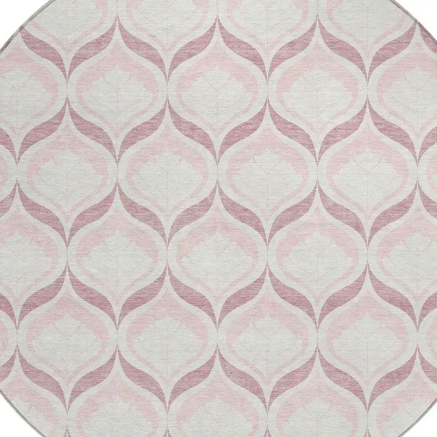 8' Pink And Ivory Round Geometric Washable Indoor Outdoor Area Rug Photo 2