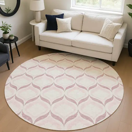8' Pink And Ivory Round Geometric Washable Indoor Outdoor Area Rug Photo 5