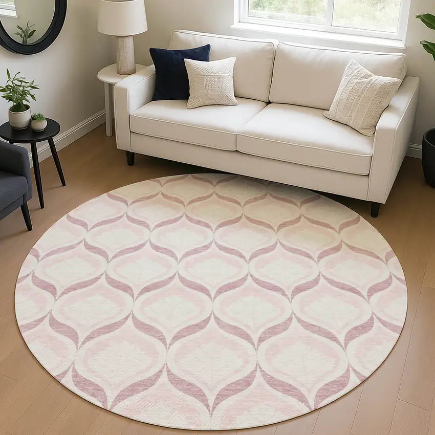 8' Pink And Ivory Round Geometric Washable Indoor Outdoor Area Rug Photo 5