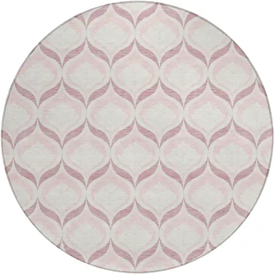 8' Pink And Ivory Round Geometric Washable Indoor Outdoor Area Rug Photo 1
