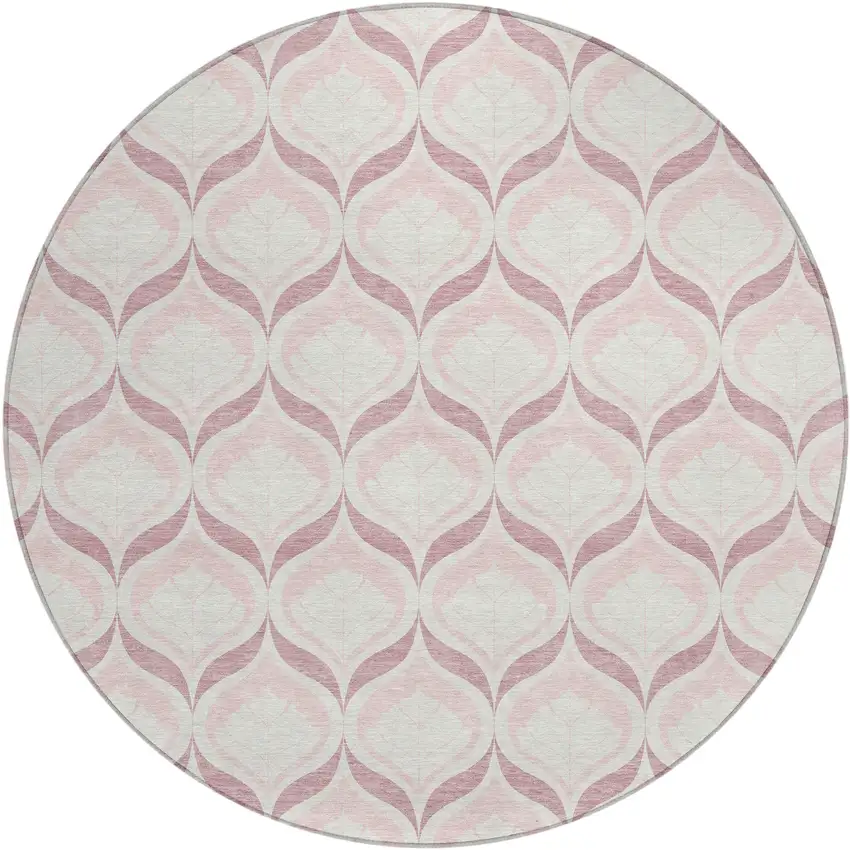 8' Pink And Ivory Round Geometric Washable Indoor Outdoor Area Rug Photo 1