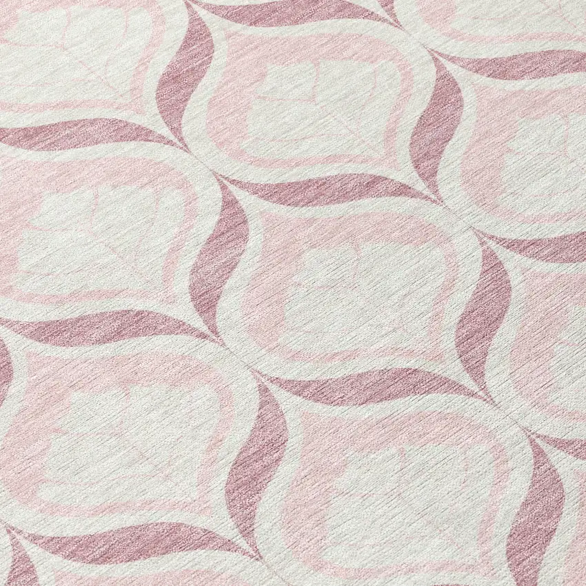 8' Pink And Ivory Round Geometric Washable Indoor Outdoor Area Rug Photo 9